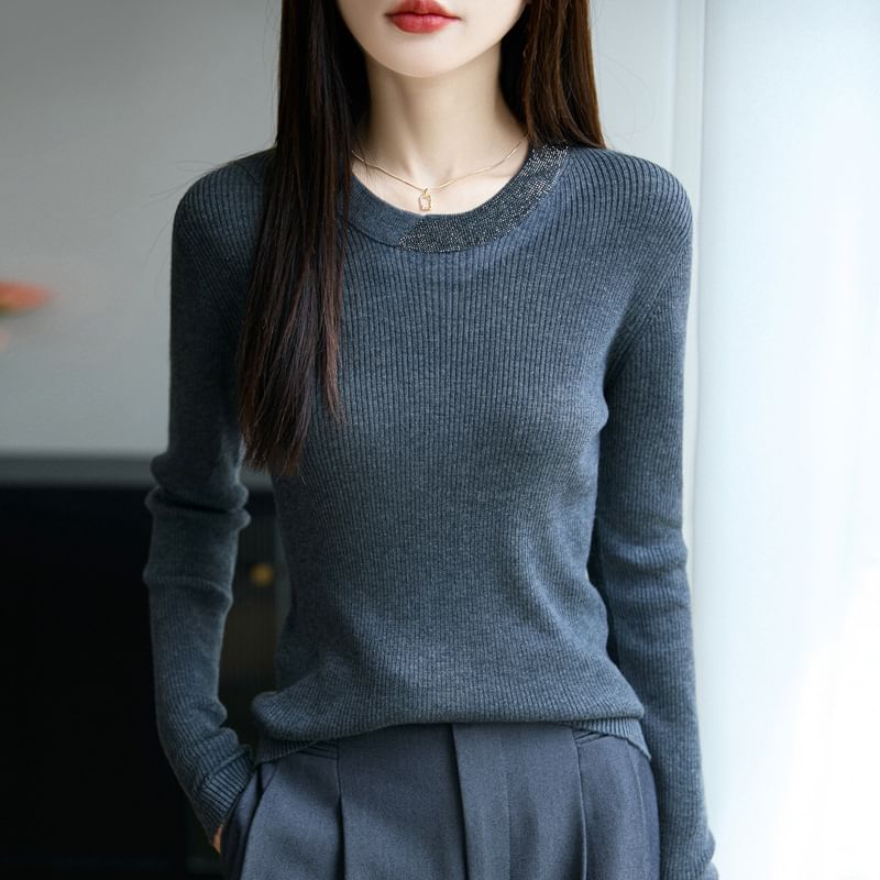 Rhinestone Ribbed Round Neck Long-Sleeved Knit Top