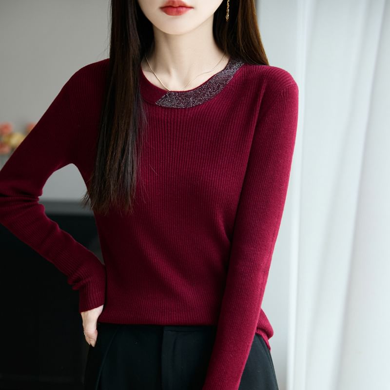 Rhinestone Ribbed Round Neck Long-Sleeved Knit Top