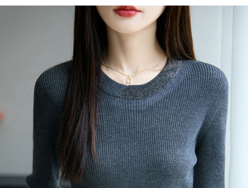 Rhinestone Ribbed Round Neck Long-Sleeved Knit Top