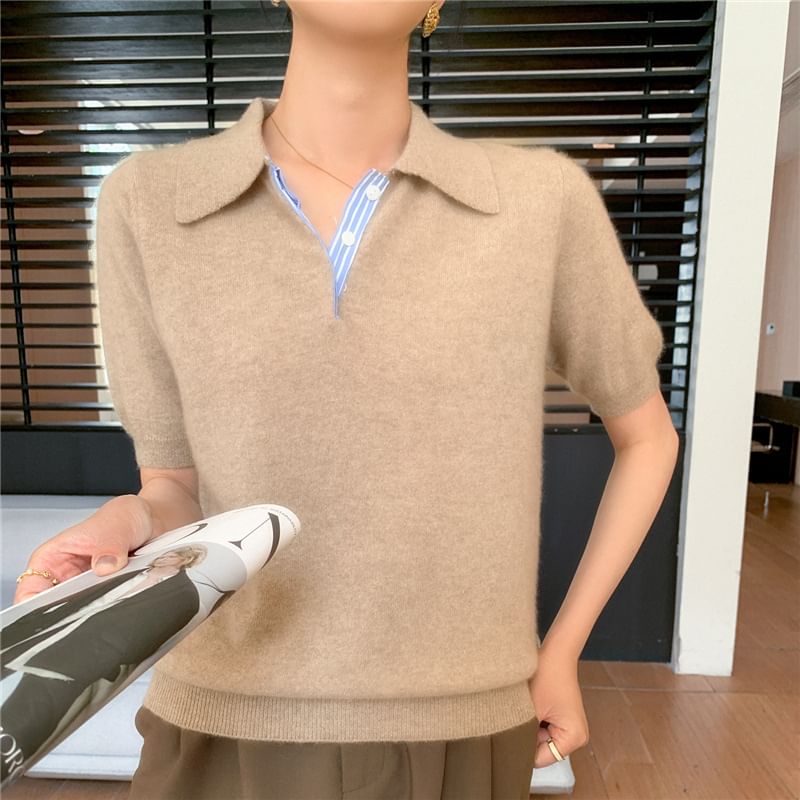 Plain Knit Short-Sleeved Polo Shirt