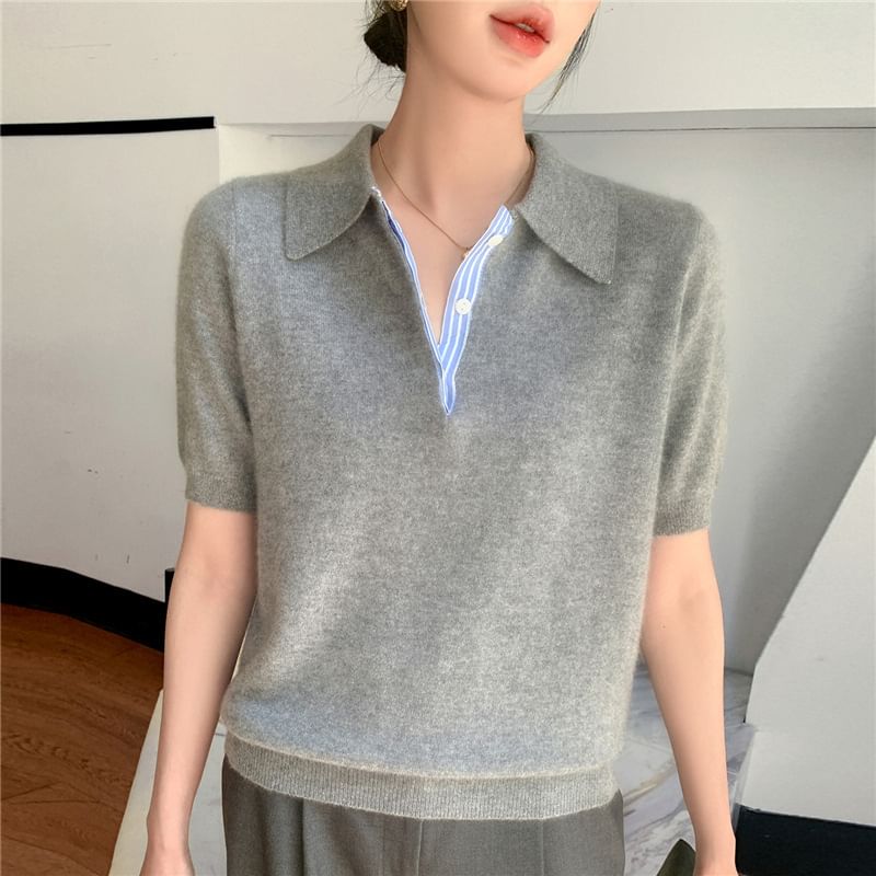 Plain Knit Short-Sleeved Polo Shirt