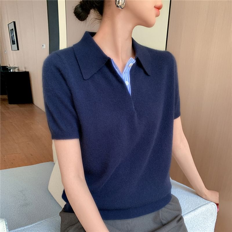 Plain Knit Short-Sleeved Polo Shirt