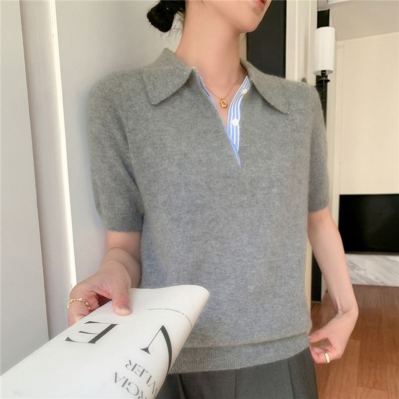 Plain Knit Short-Sleeved Polo Shirt