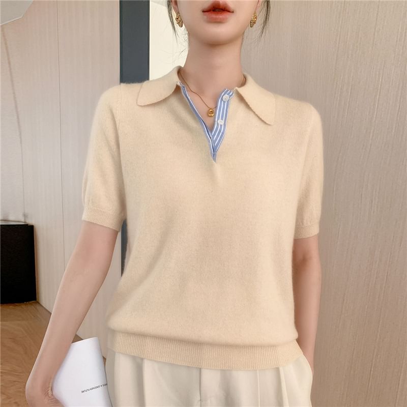 Plain Knit Short-Sleeved Polo Shirt