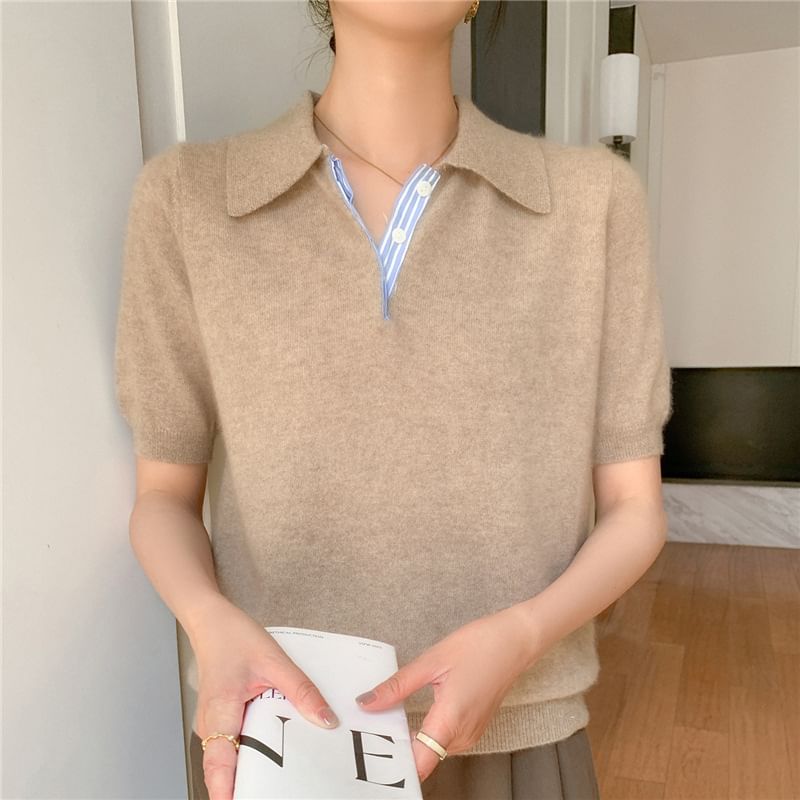 Plain Knit Short-Sleeved Polo Shirt