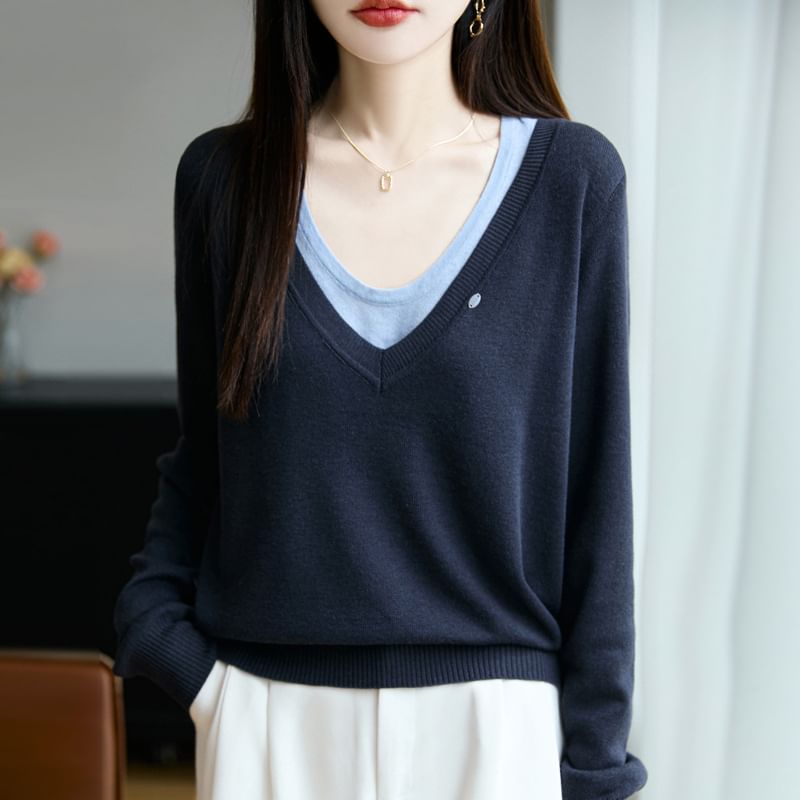 Two-Tone V-Neck Mock Two-Piece Long-Sleeved Sweater