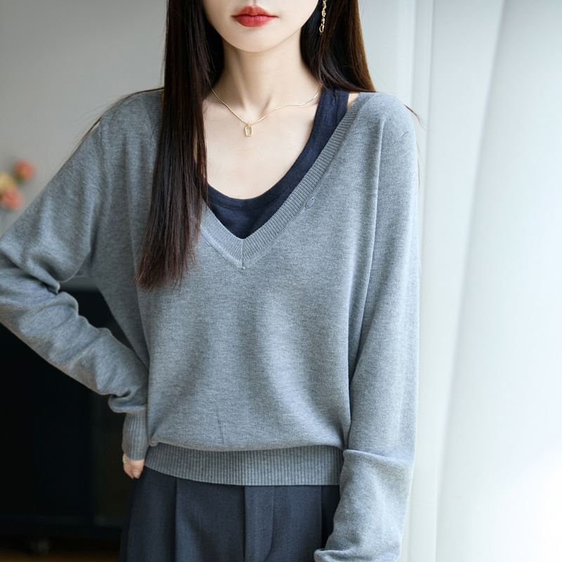 Two-Tone V-Neck Mock Two-Piece Long-Sleeved Sweater