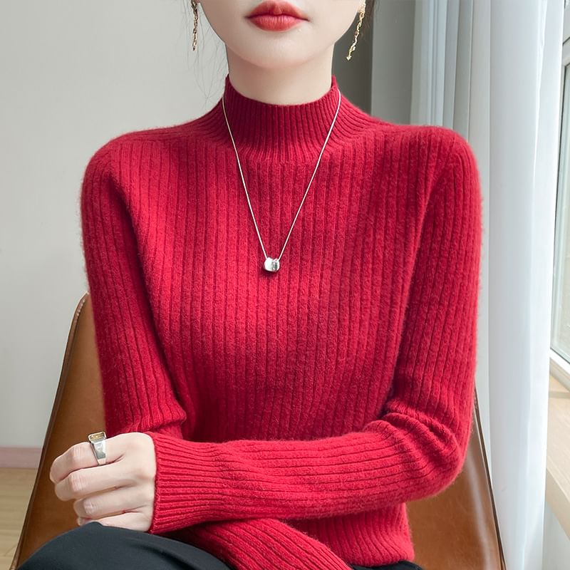 Plain Ribbed High Neck Long-Sleeved Sweater