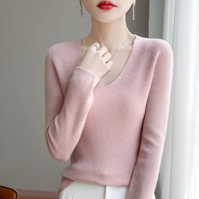 Plain Ribbed V-Neck Long-Sleeved Sweater