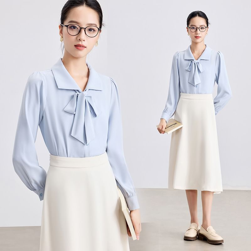 Tie Front Collared Blouse + High Rise Midi A-Line Skirt