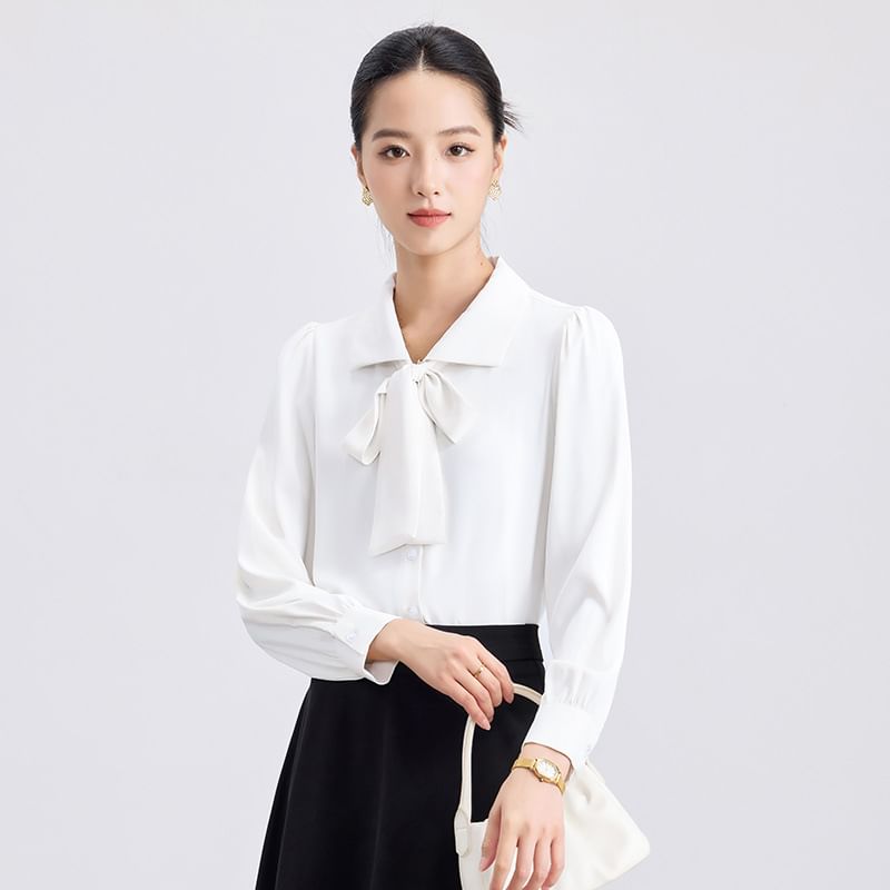 Tie Front Collared Blouse + High Rise Midi A-Line Skirt