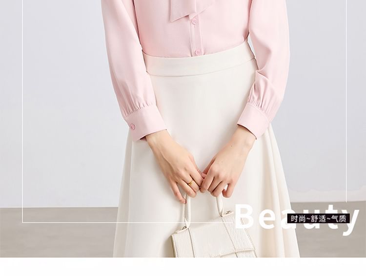 Tie Front Collared Blouse + High Rise Midi A-Line Skirt