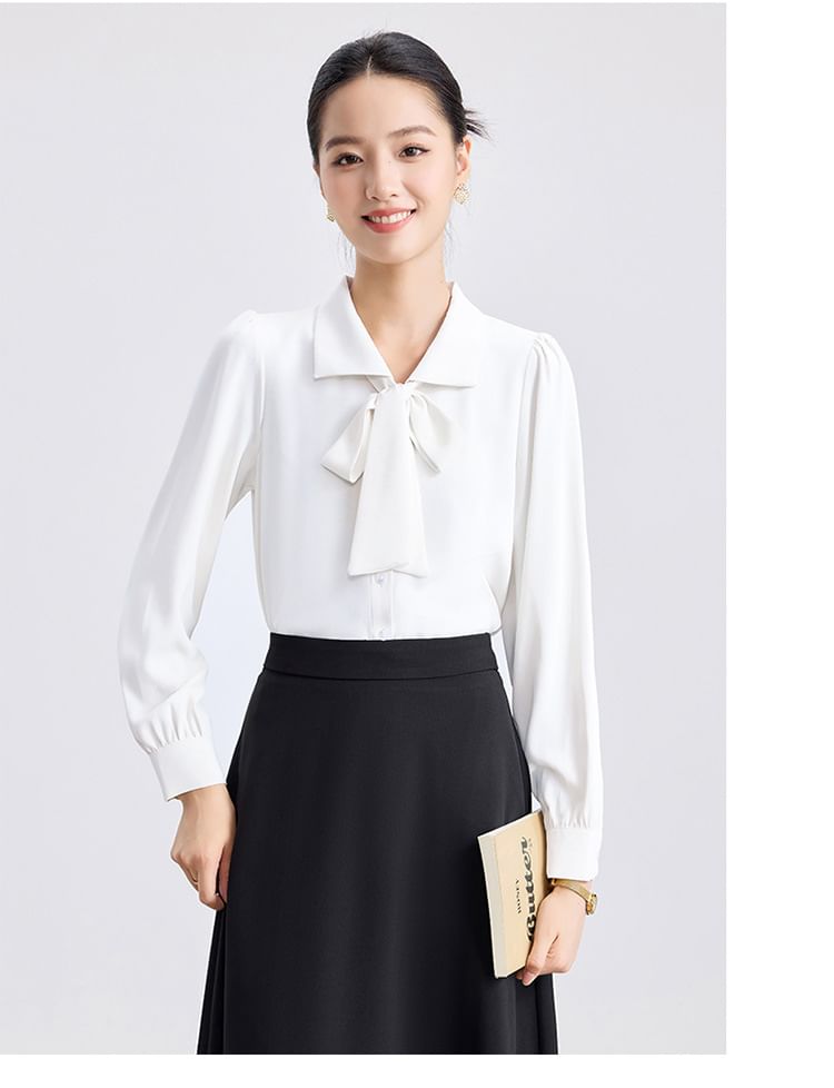 Tie Front Collared Blouse + High Rise Midi A-Line Skirt
