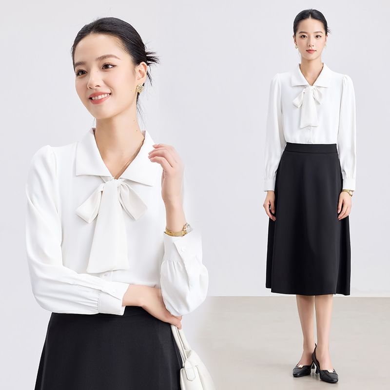 Tie Front Collared Blouse + High Rise Midi A-Line Skirt Set