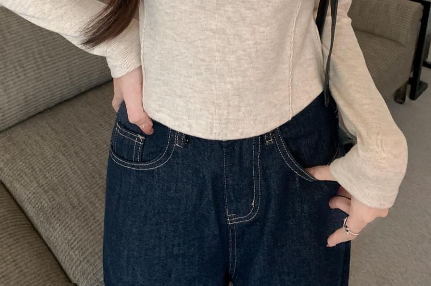Plain Mock-Neck Long-Sleeved Tee