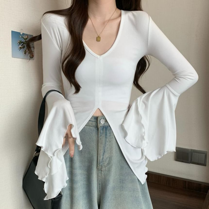 Plain Slit V-Neck Bell Long-Sleeved Top