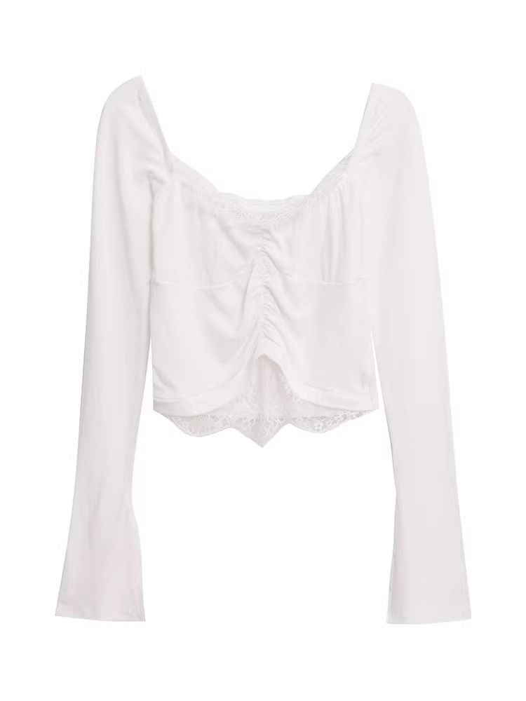 Plain Ruched Lace-Trimmed V-Neck Long-Sleeved Crop Tee