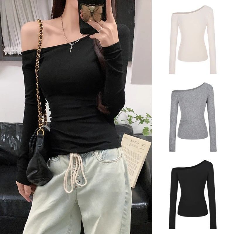 Plain Asymmetric Off-Shoulder Long-Sleeved Tee
