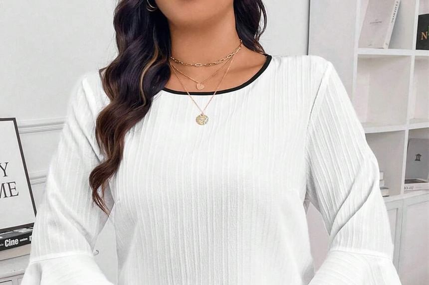 Contrast Trim Bell-Sleeved Crewneck Blouse