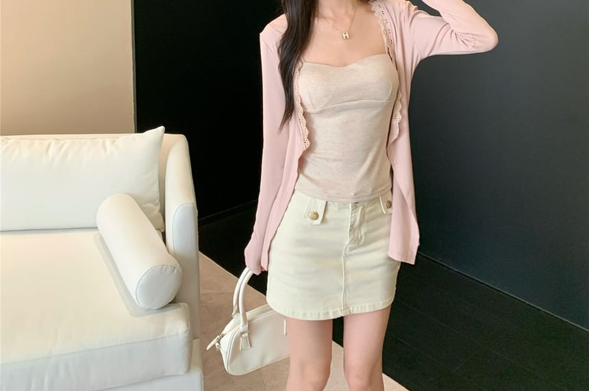 Plain Lace Trim Cardigan / Slim Fit Cami Top