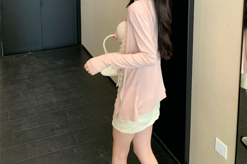 Plain Lace Trim Cardigan / Slim Fit Cami Top