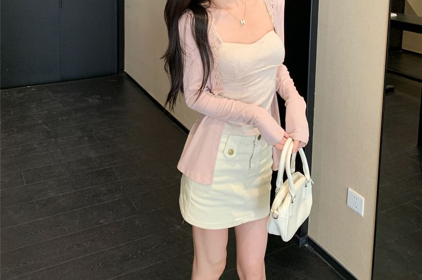 Plain Lace Trim Cardigan / Slim Fit Cami Top