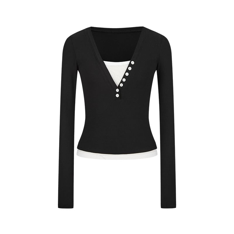 Color-Block Mock-Layer V-Neck Sleeved Fitted Tee