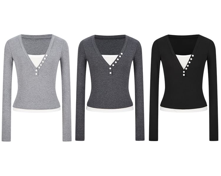 Color-Block Mock-Layer V-Neck Sleeved Fitted Tee