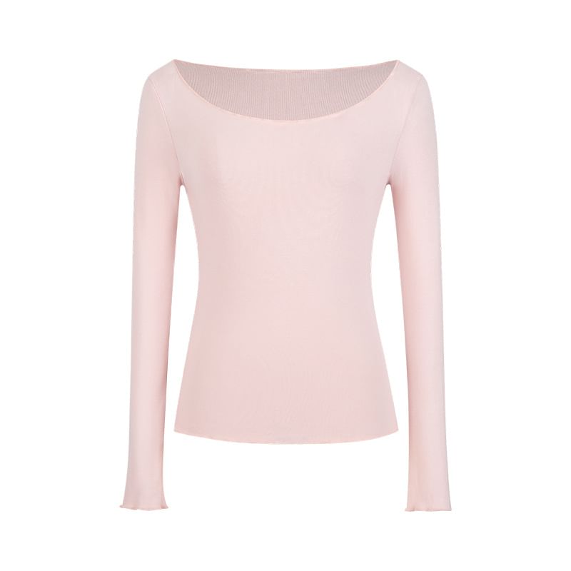 Plain Ruffled-Trim Cold-Shoulder Sleeved Fitted Top