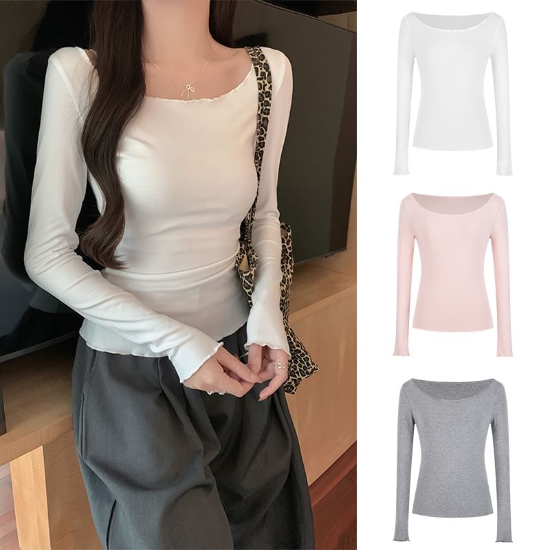Plain Ruffled-Trim Cold-Shoulder Sleeved Fitted Top