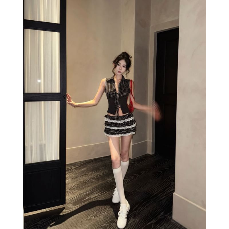 Dotted Lace-Trim Fitted Tank + Low-Rise Mini Skirt