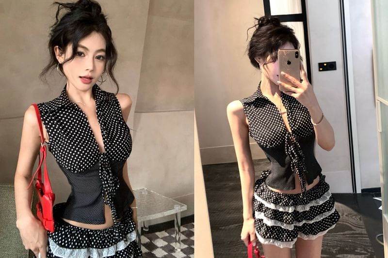 Dotted Tie-Front Slim-Fit Tank Top / Low Waist Lace-Trim Mini Skirt