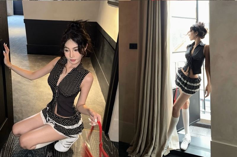 Dotted Tie-Front Slim-Fit Tank Top / Low Waist Lace-Trim Mini Skirt