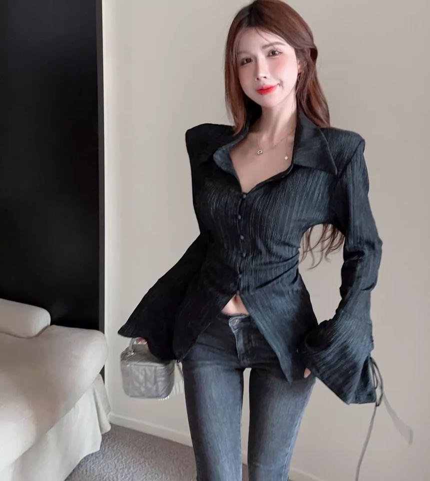 Flare-Sleeve Lace-Up Plain Shirt