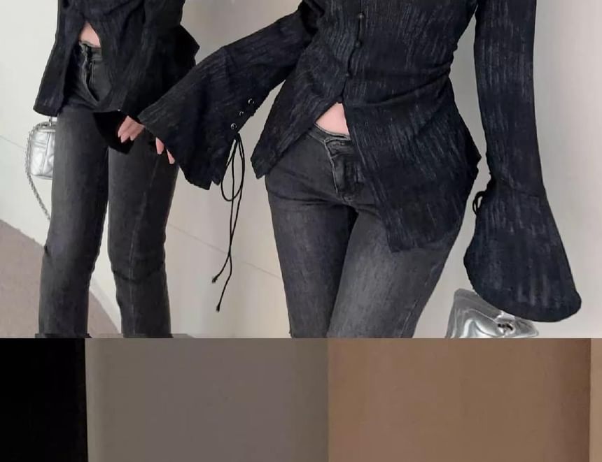 Flare-Sleeve Lace-Up Plain Shirt