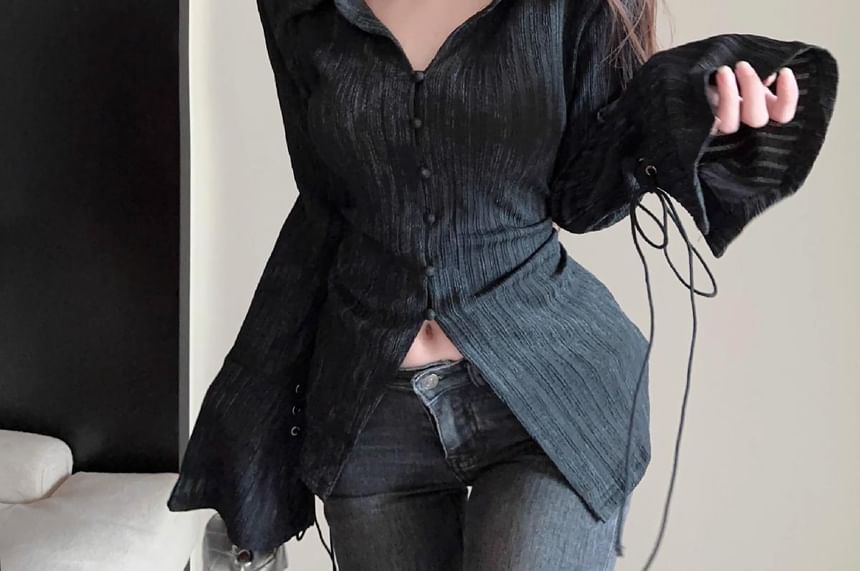 Flare-Sleeve Lace-Up Plain Shirt