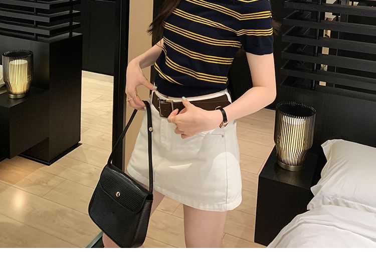 Striped Knit Short Sleeve Polo Top