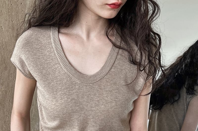 Scoop-Neck Short-Sleeved Knit Top