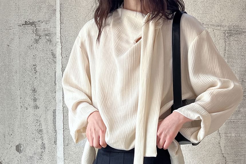 Tie-Neck Long-Sleeved Plain Blouse