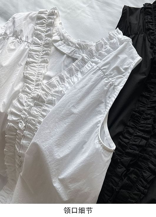 V-Neck Sleeveless Plain Ruffle-Trim Blouse