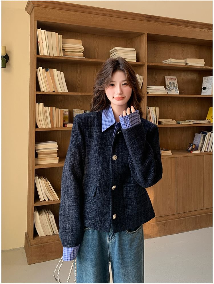 Mock Two-Piece Collared Plaid Panel Button-Up Tweed Jacket