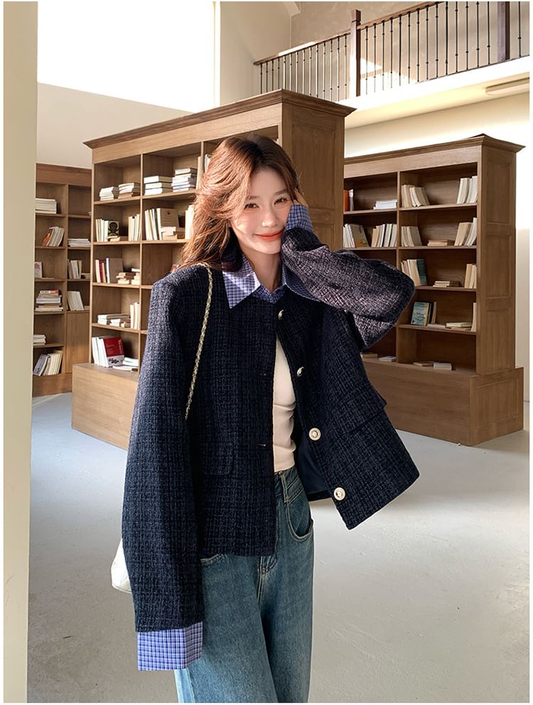 Mock Two-Piece Collared Plaid Panel Button-Up Tweed Jacket
