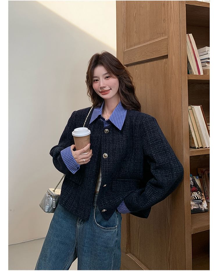 Mock Two-Piece Collared Plaid Panel Button-Up Tweed Jacket
