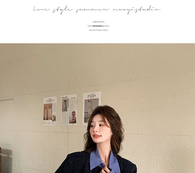 Mock Two-Piece Collared Plaid Panel Button-Up Tweed Jacket