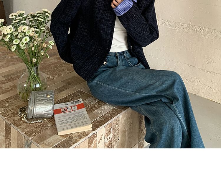 Mock Two-Piece Collared Plaid Panel Button-Up Tweed Jacket