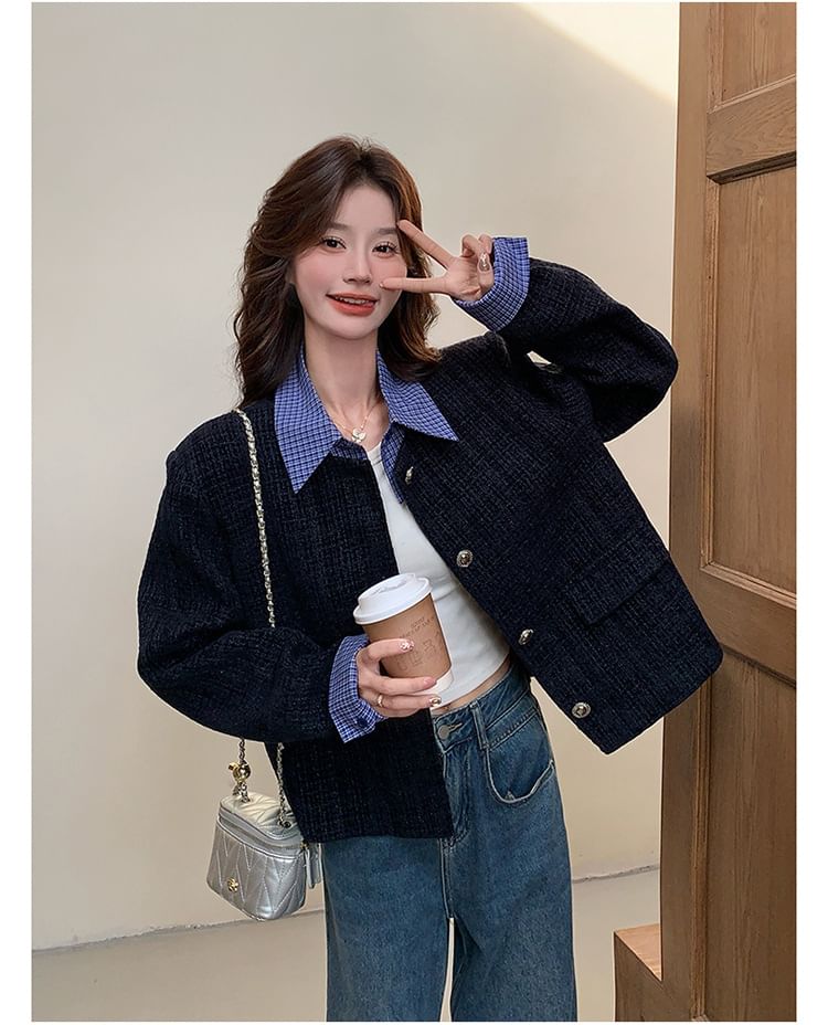 Mock Two-Piece Collared Plaid Panel Button-Up Tweed Jacket