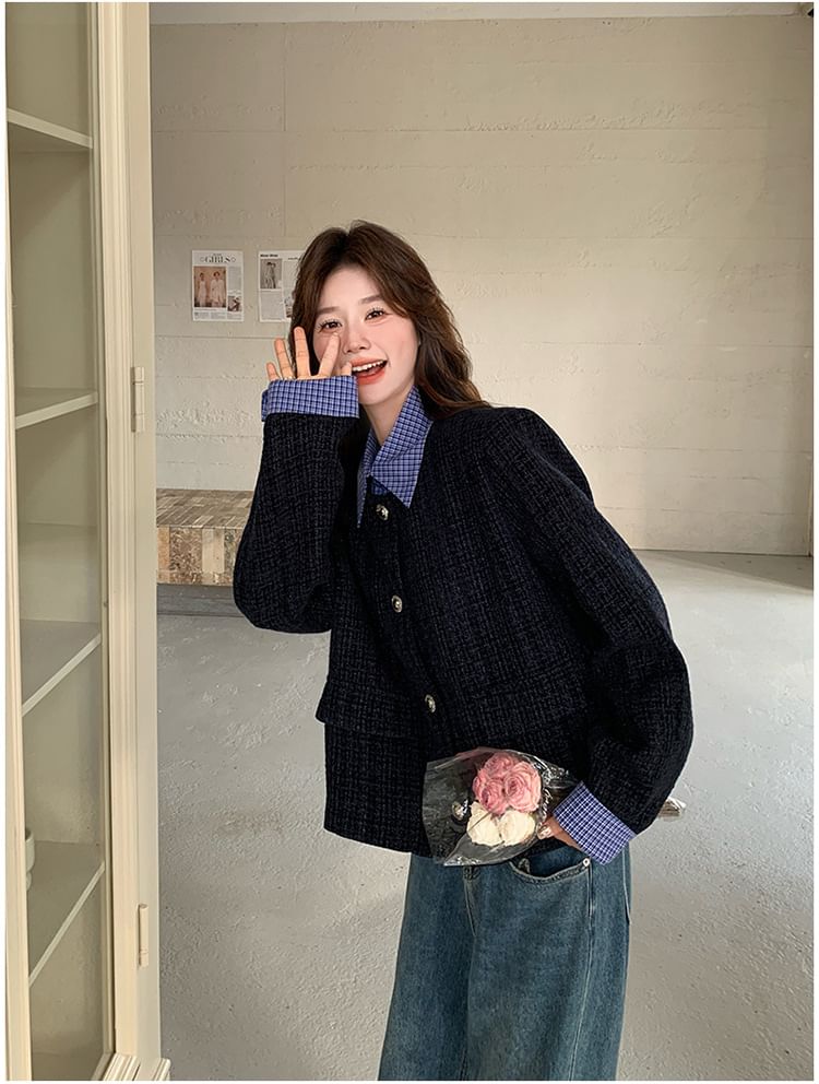 Mock Two-Piece Collared Plaid Panel Button-Up Tweed Jacket