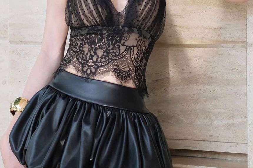 Lace Crop Slim Fit Camisole Top / High Waist Bubble Hem Mini A-Line Skirt