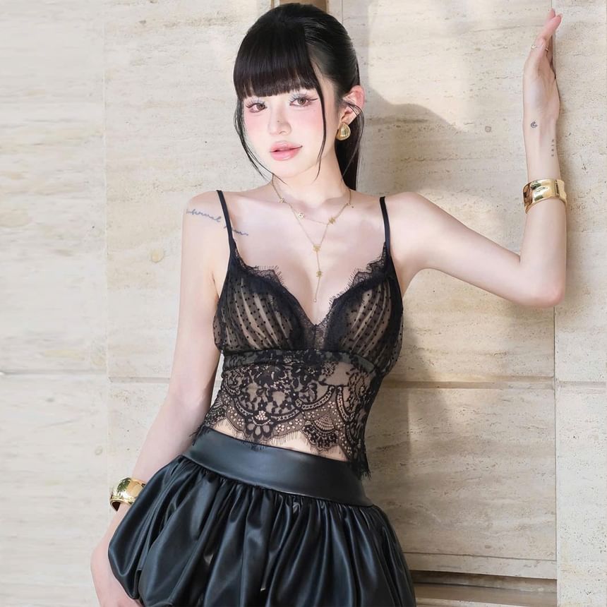 Lace Crop Slim Fit Camisole Top / High Waist Bubble Hem Mini A-Line Skirt