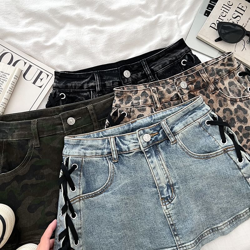 Mid Waist Lace-Up Denim Mini Pencil Skorts